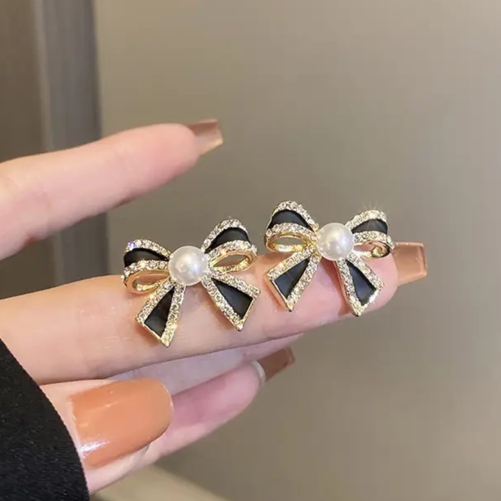 Gold Filled Black Bow Pearl CZ Earrings